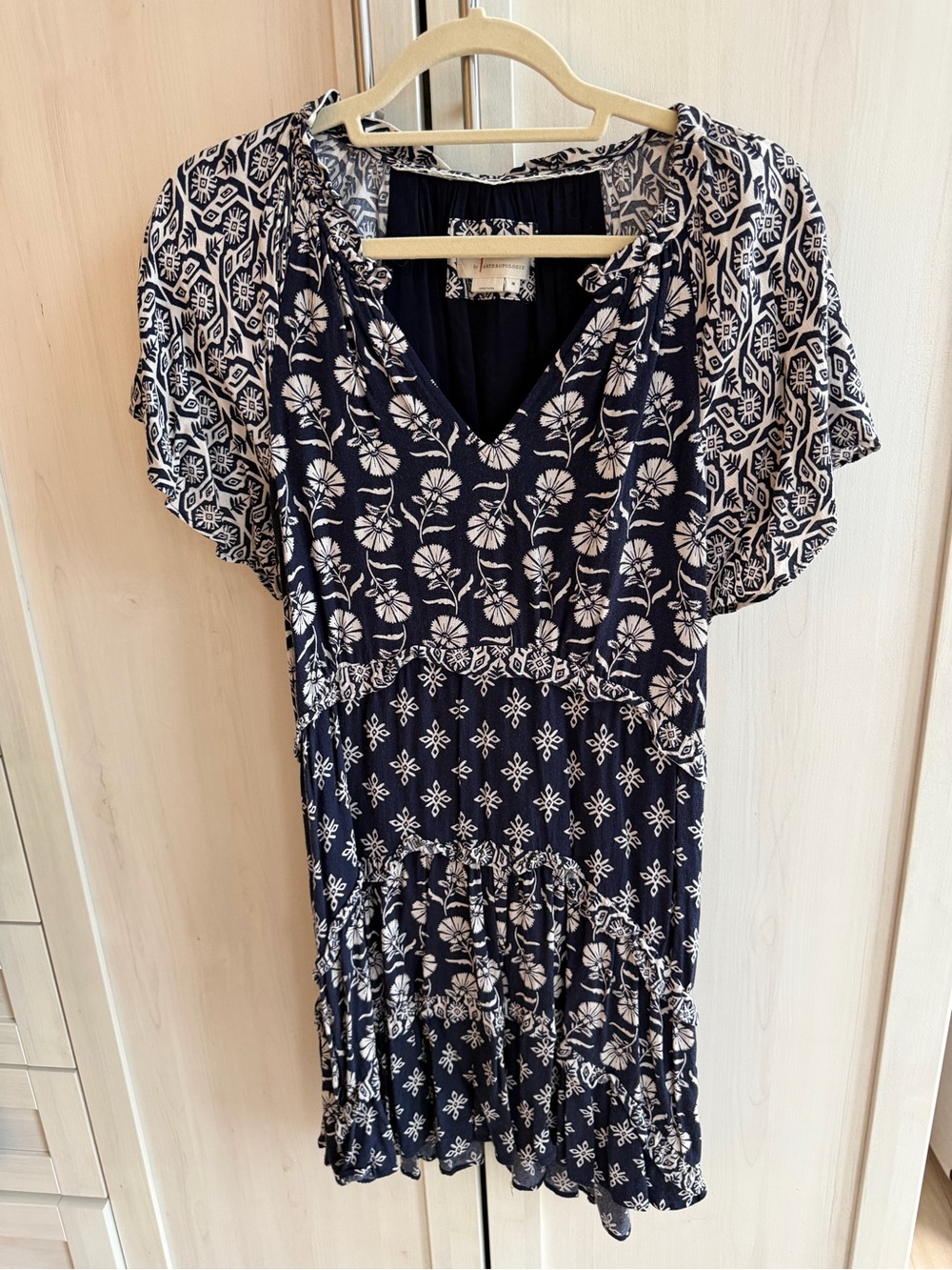 Navy and White Printed V-Neck Mini Dress
